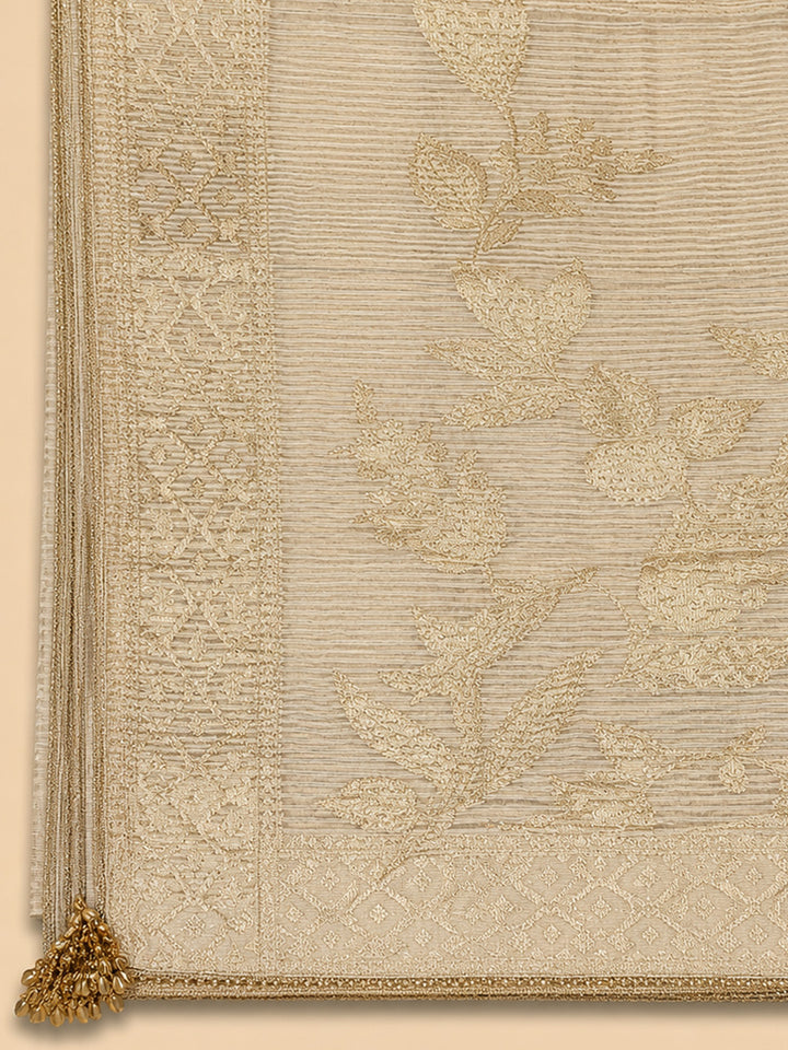 Beige  Chanderi Unstitched Dress Material