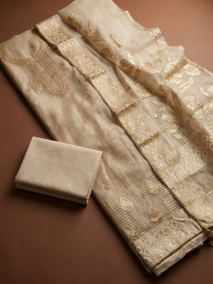 Beige  Chanderi Unstitched Dress Material
