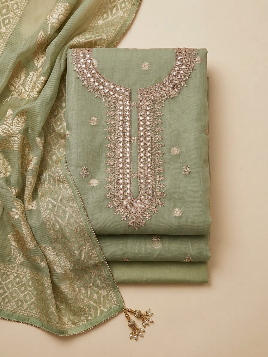 Pista Green  Chanderi Unstitched Dress Material