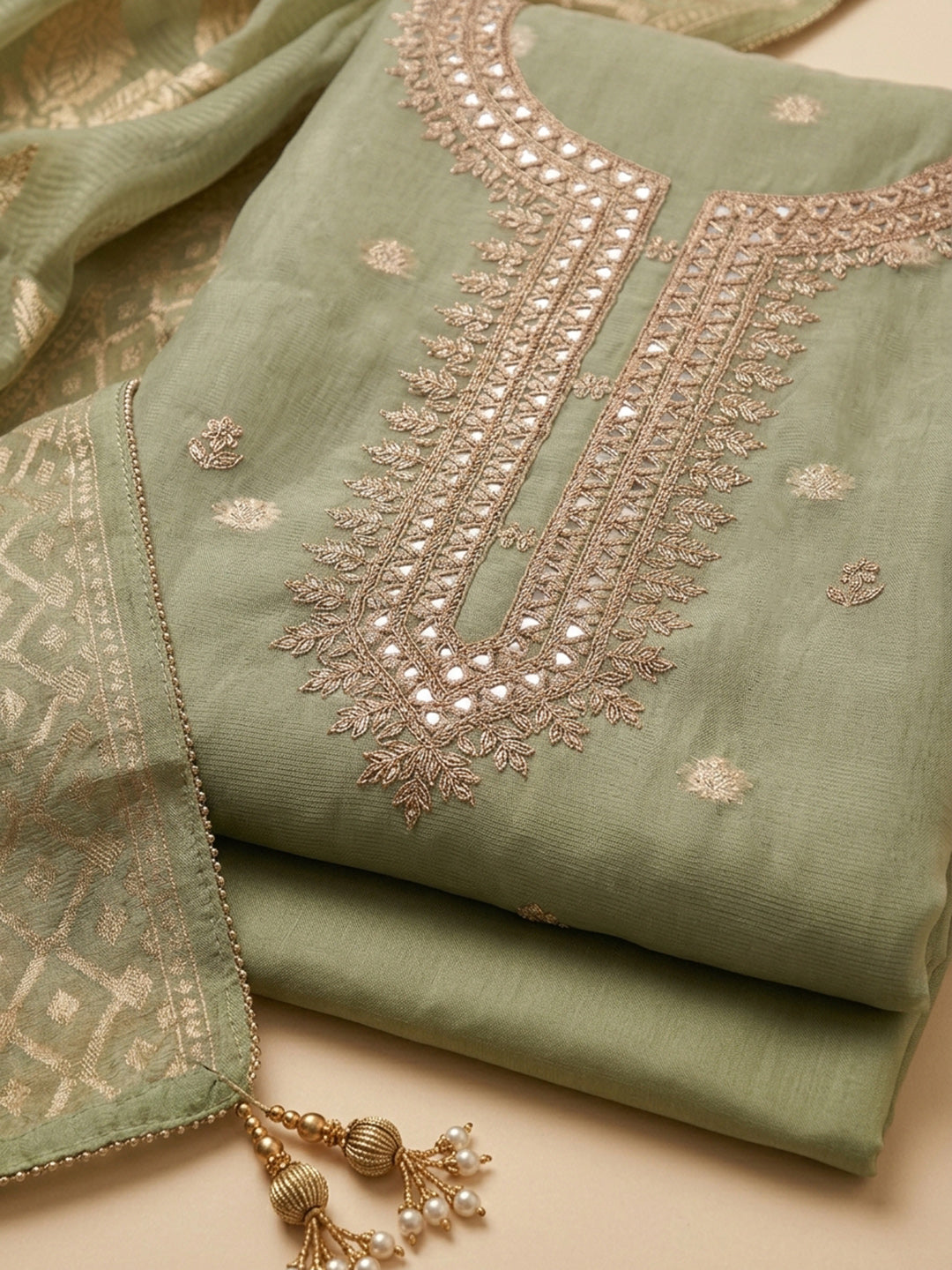 Pista Green  Chanderi Unstitched Dress Material