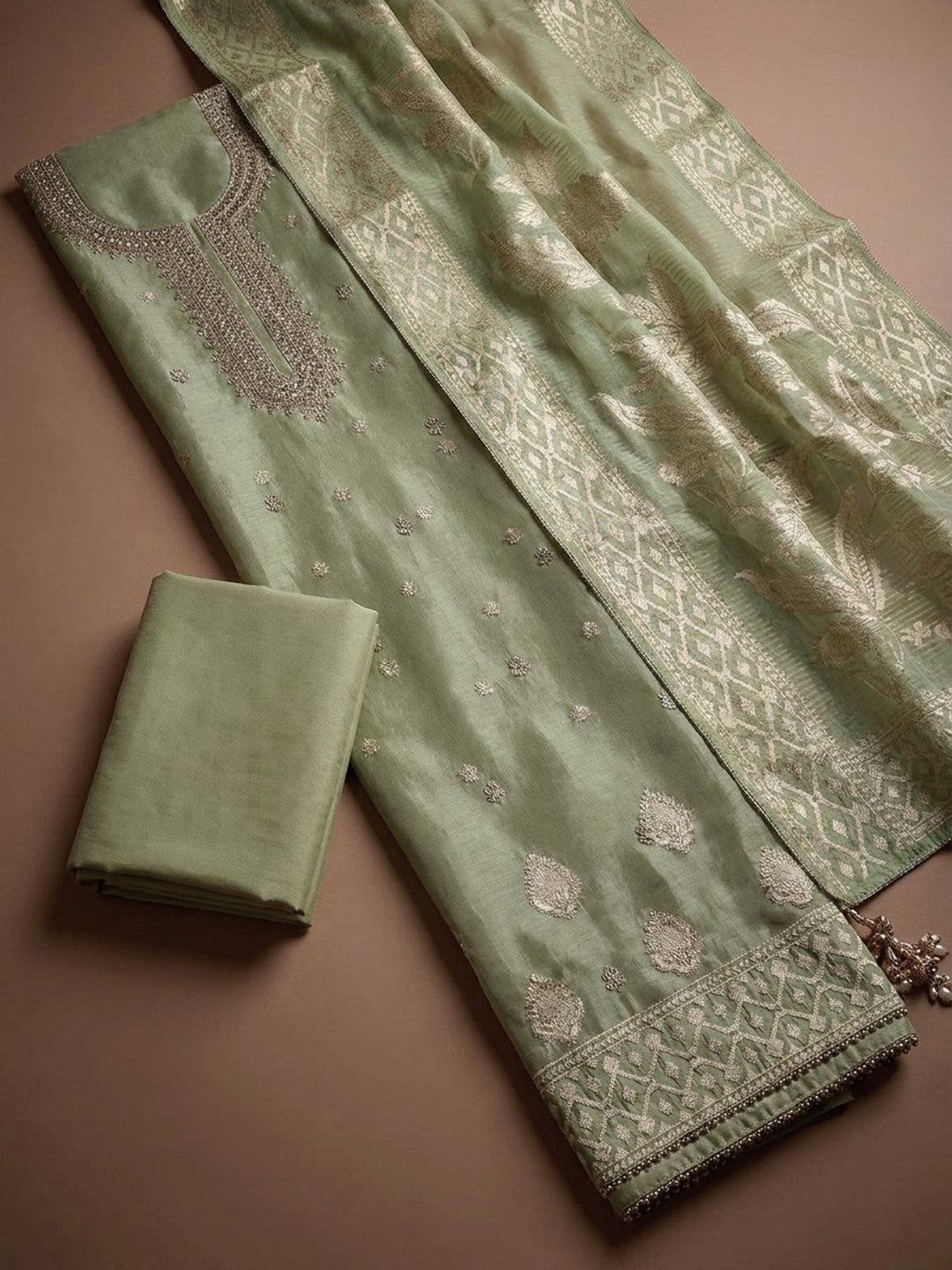 Pista Green  Chanderi Unstitched Dress Material