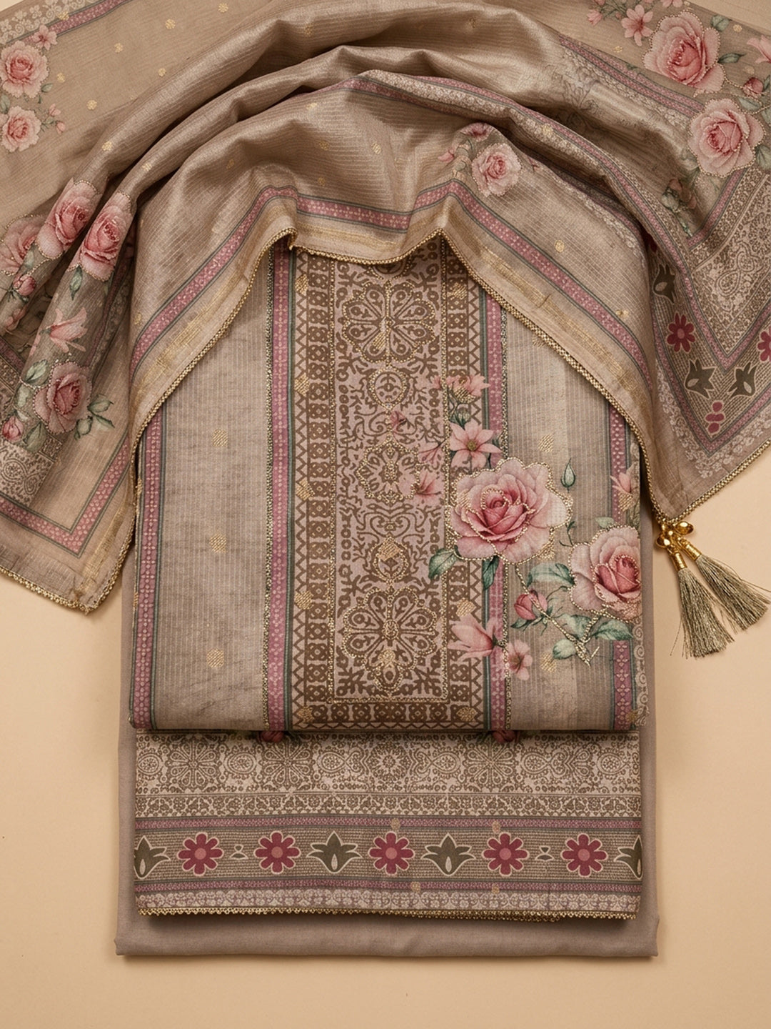 Beige  Chanderi Unstitched Dress Material