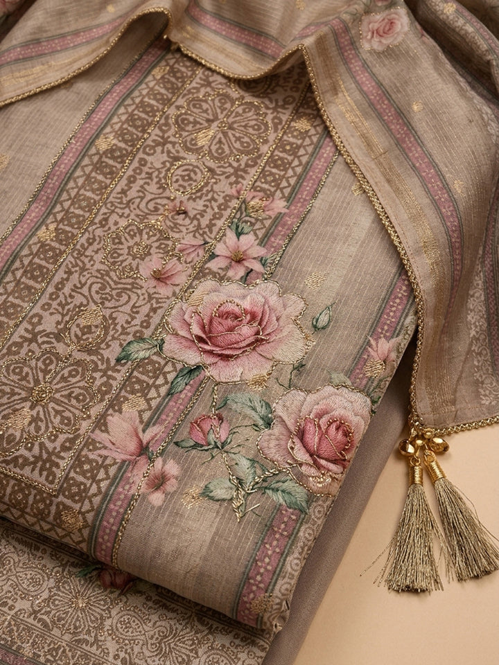 Beige  Chanderi Unstitched Dress Material