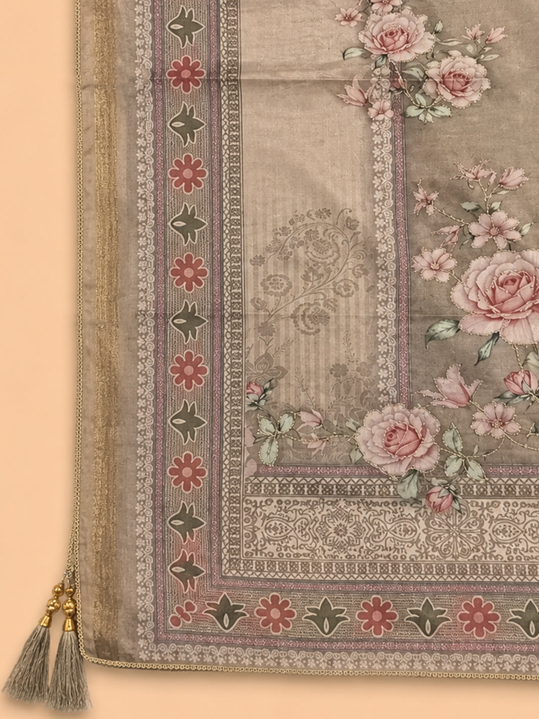 Beige  Chanderi Unstitched Dress Material