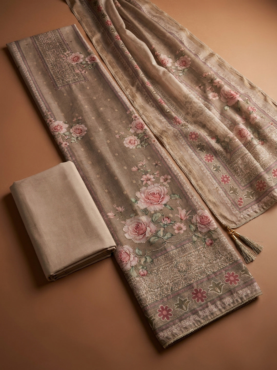 Beige  Chanderi Unstitched Dress Material
