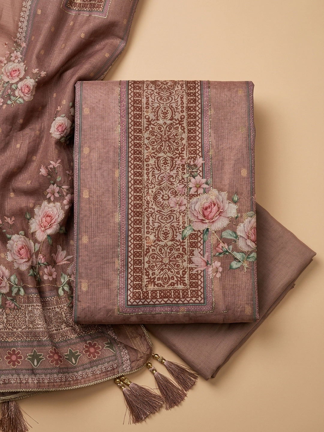 Peach  Chanderi Unstitched Dress Material