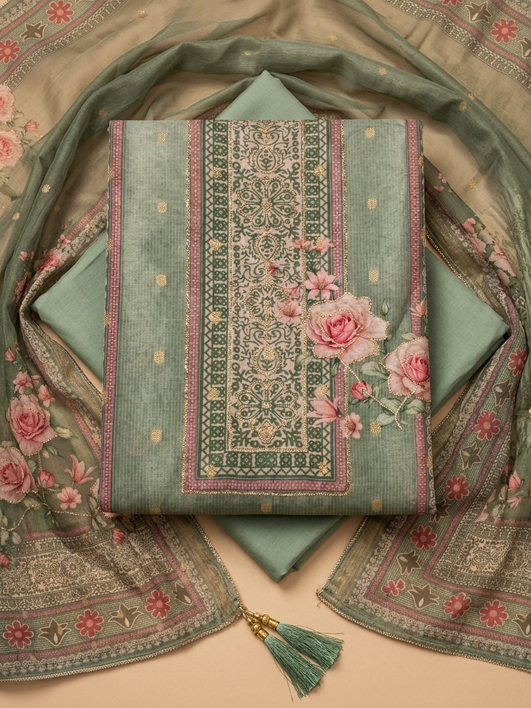 Sea Green  Chanderi Unstitched Dress Material