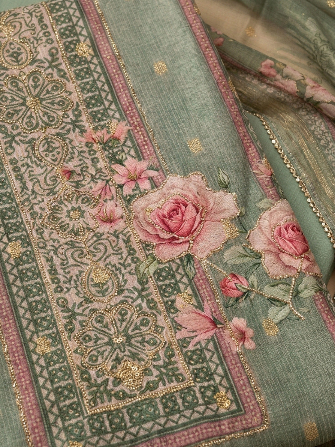 Sea Green  Chanderi Unstitched Dress Material