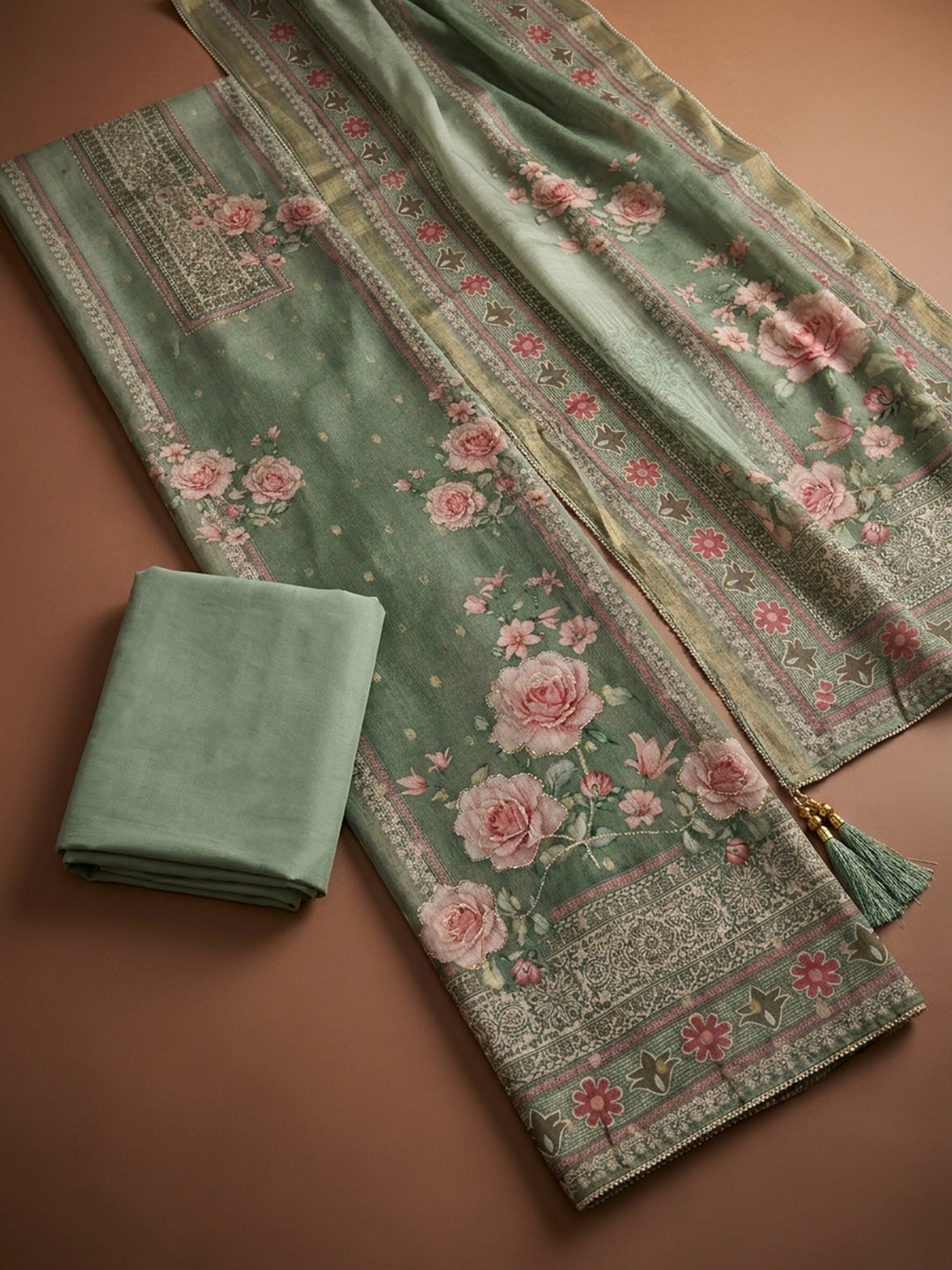 Sea Green  Chanderi Unstitched Dress Material