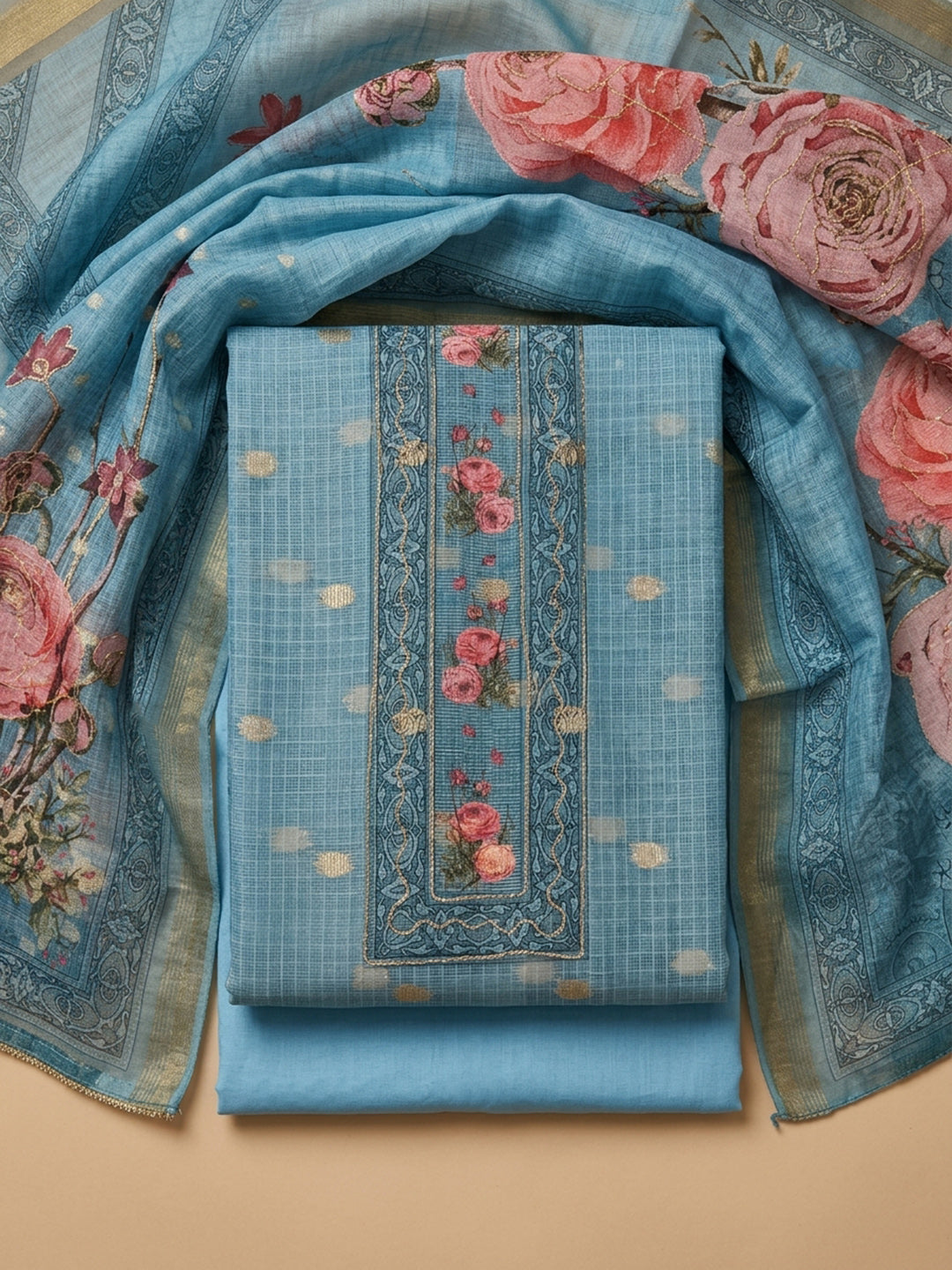 Blue  Chanderi Unstitched Dress Material