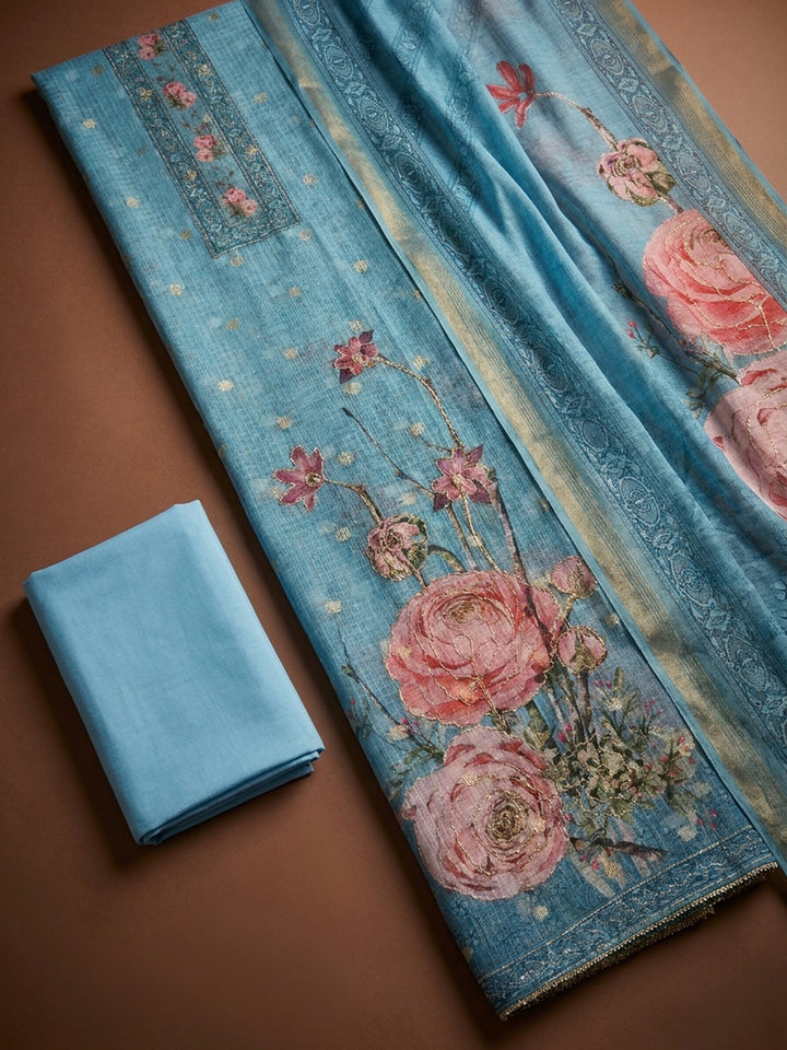 Blue  Chanderi Unstitched Dress Material