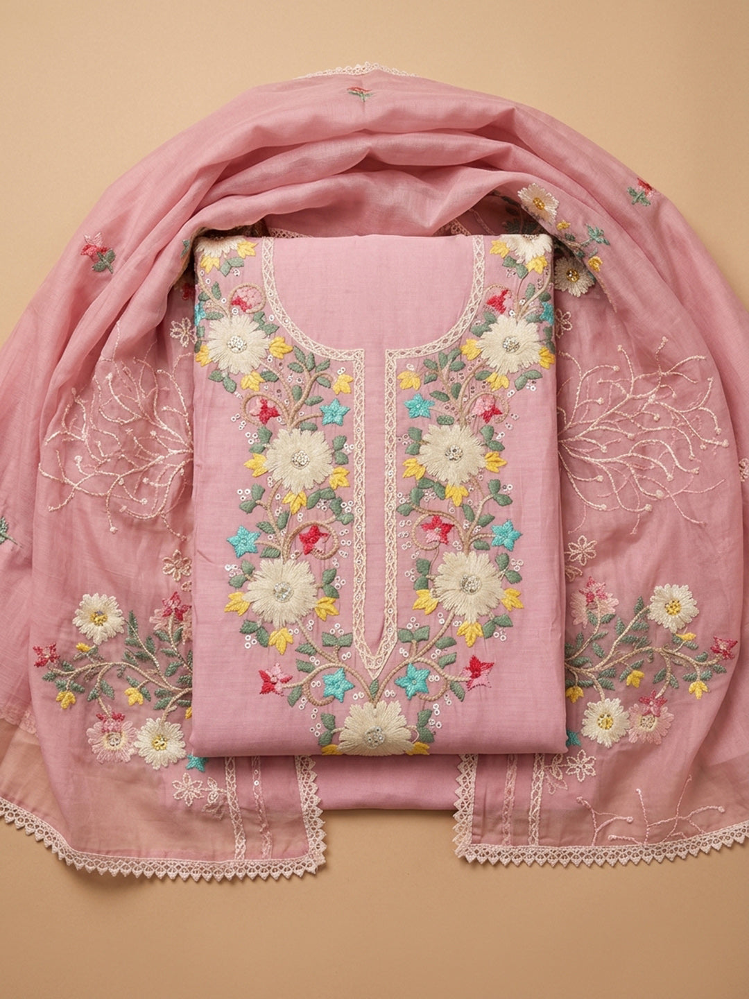 Peach  Chanderi Unstitched Dress Material