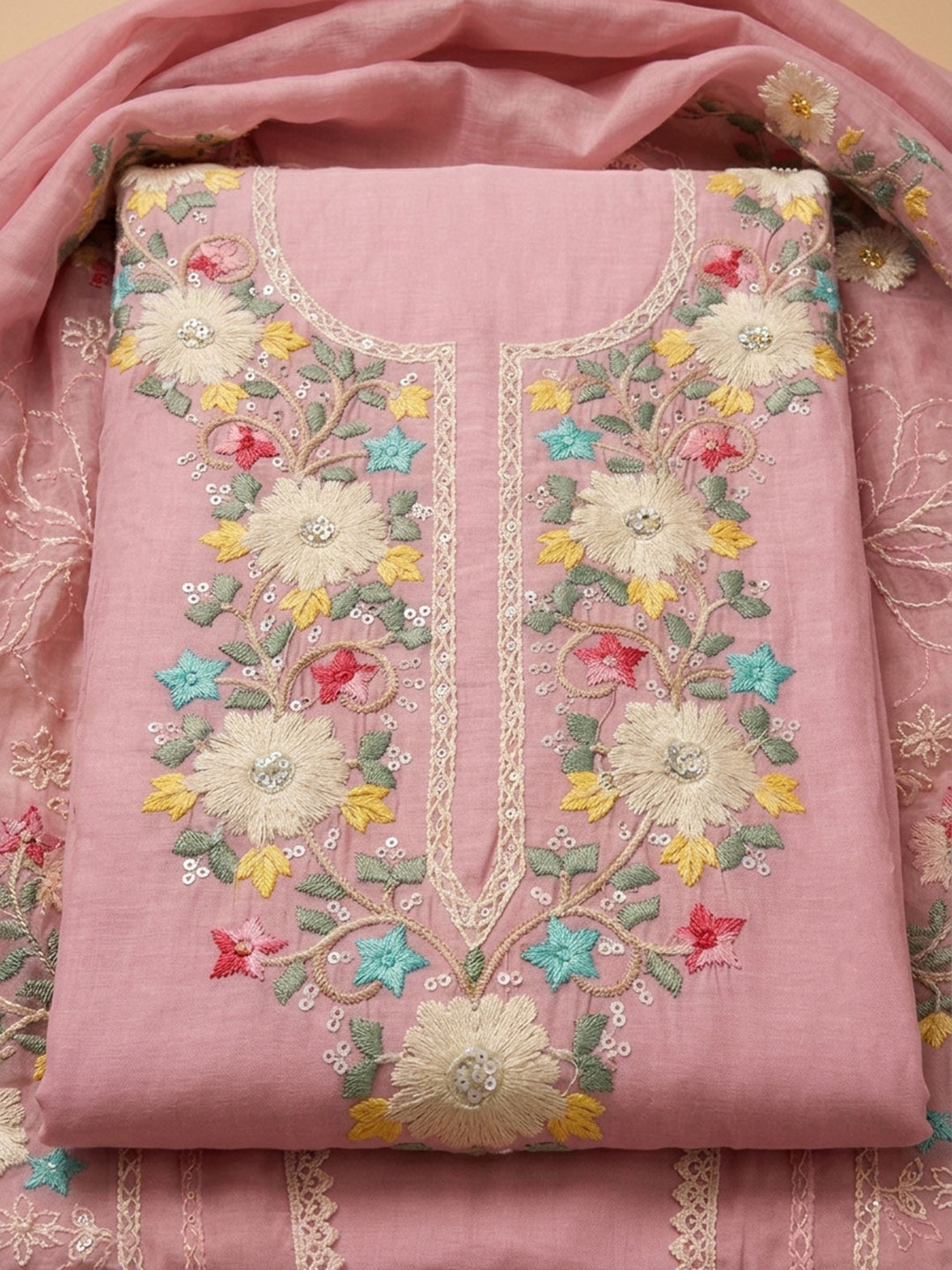 Peach  Chanderi Unstitched Dress Material