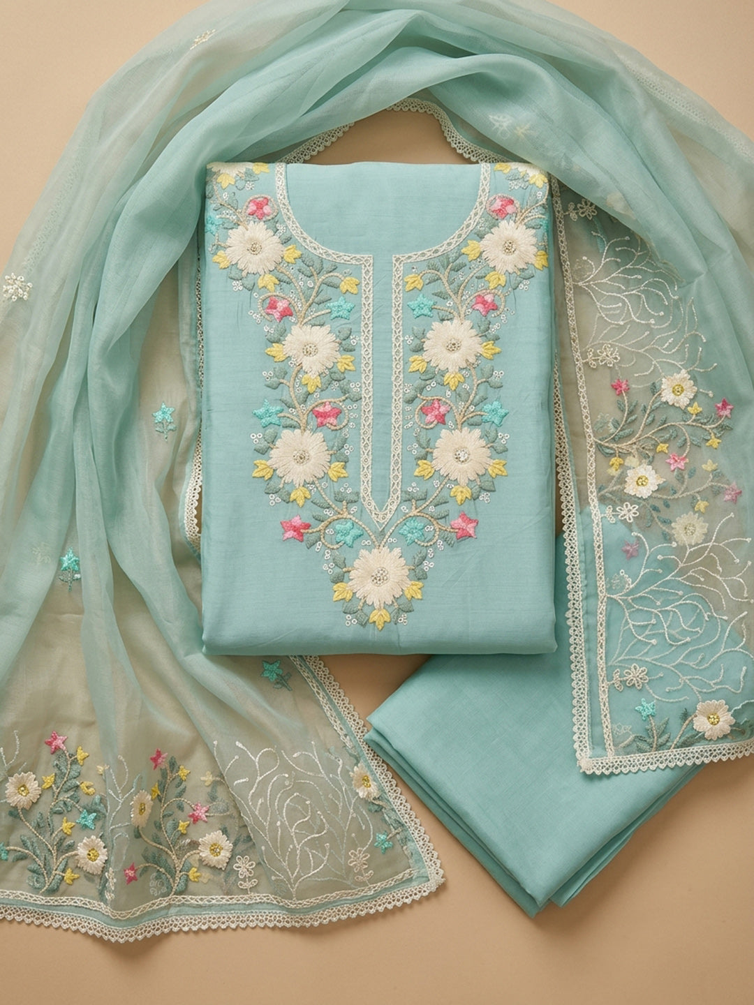 Sky Blue  Chanderi Unstitched Dress Material