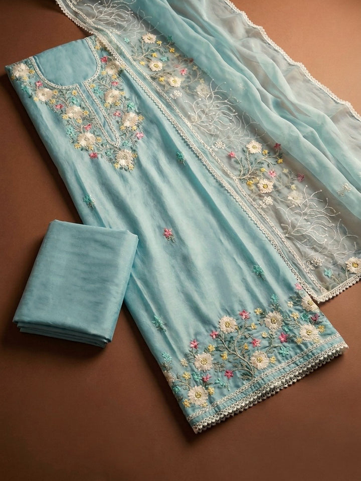 Sky Blue  Chanderi Unstitched Dress Material