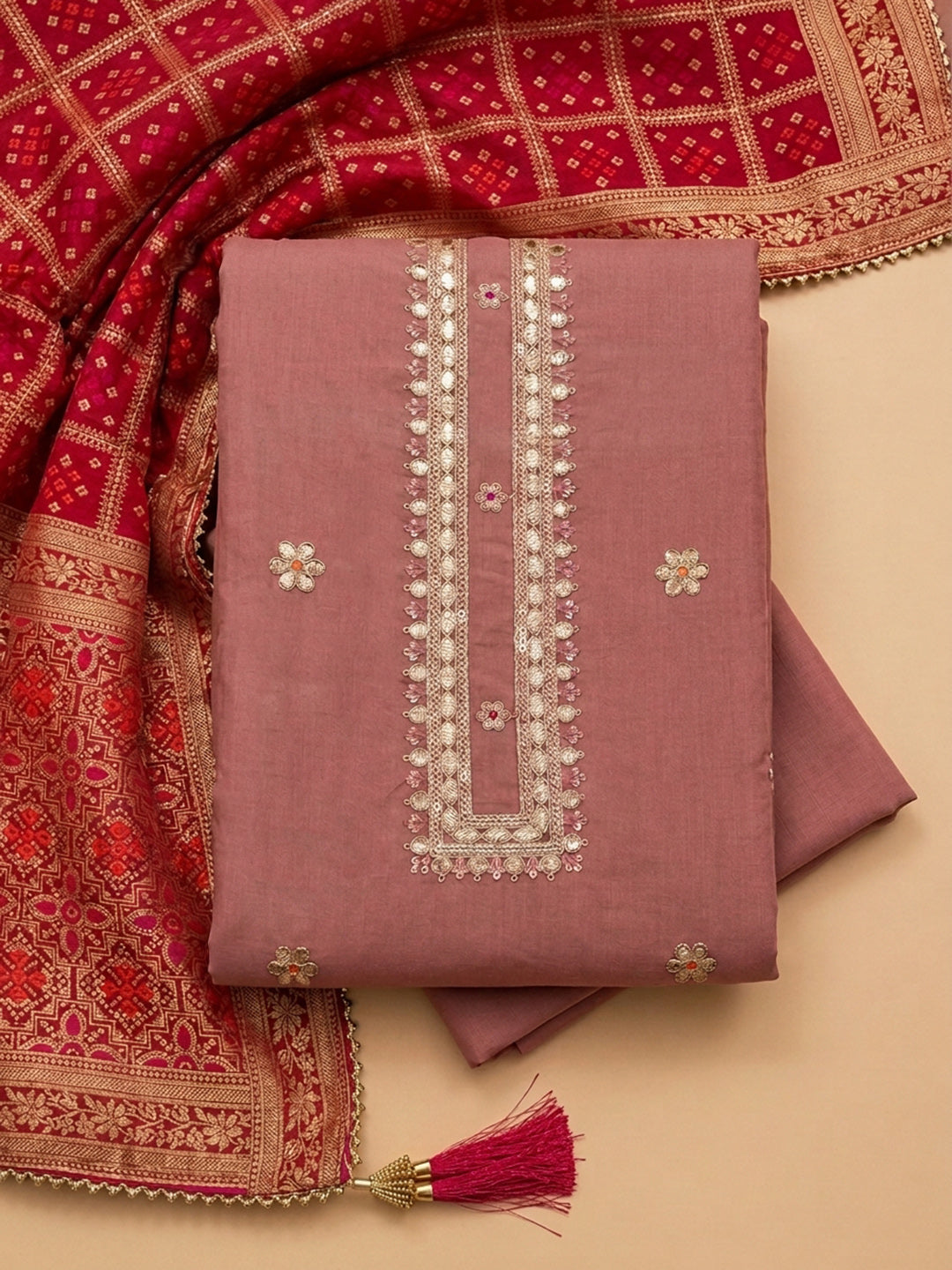 Dusty Pink  Chanderi Unstitched Dress Material