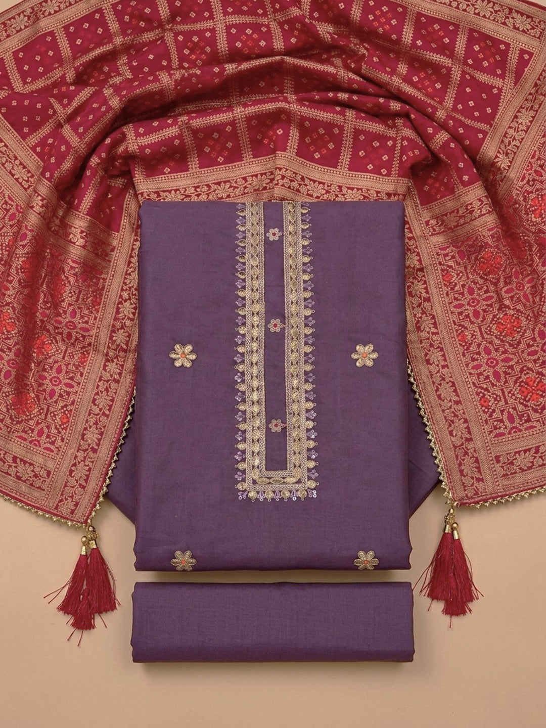 Purple  Chanderi Unstitched Dress Material