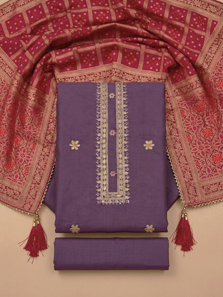 Purple  Chanderi Unstitched Dress Material
