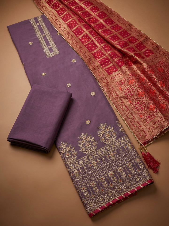 Purple  Chanderi Unstitched Dress Material