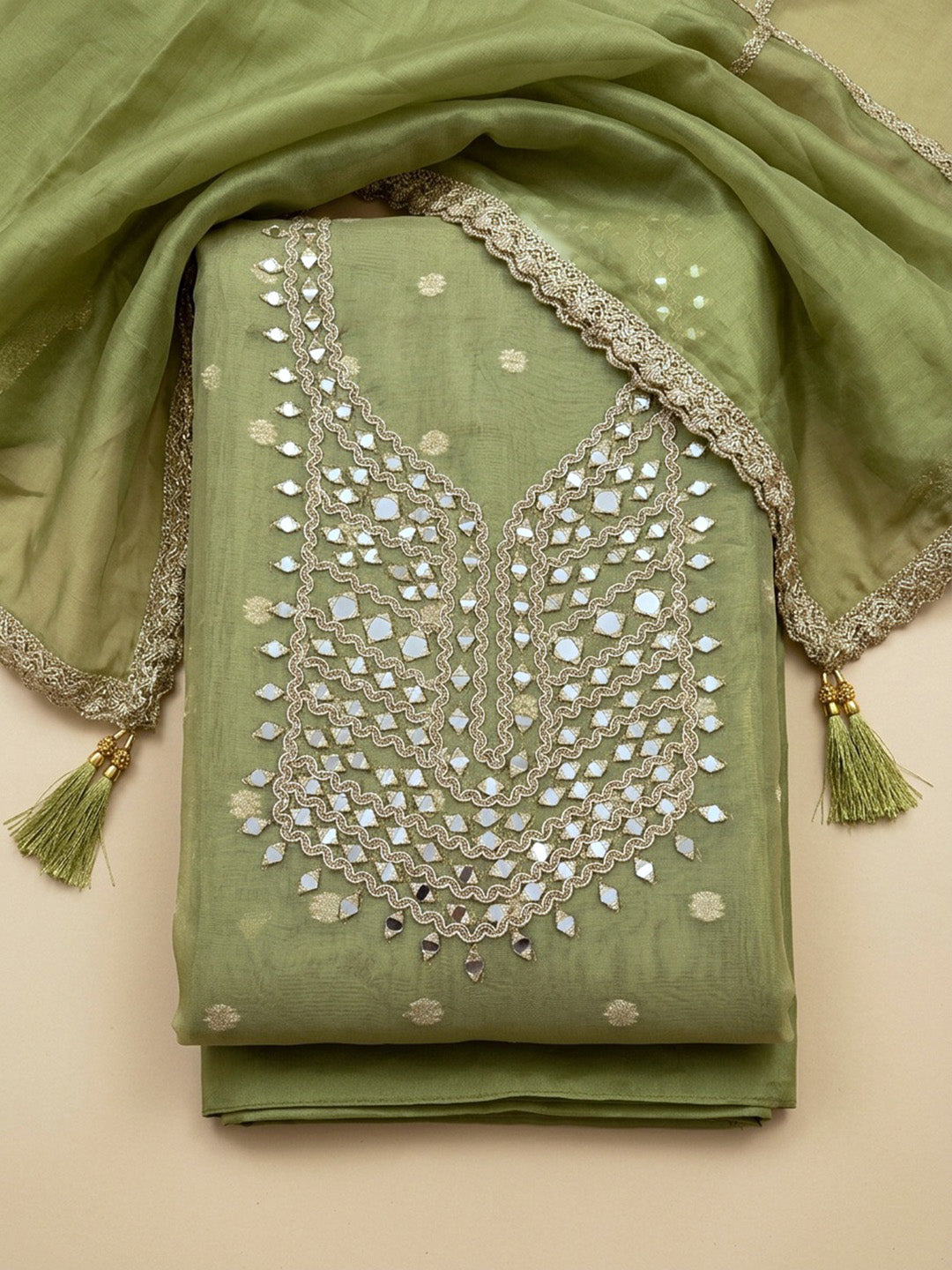Pista Green  Chanderi Unstitched Dress Material