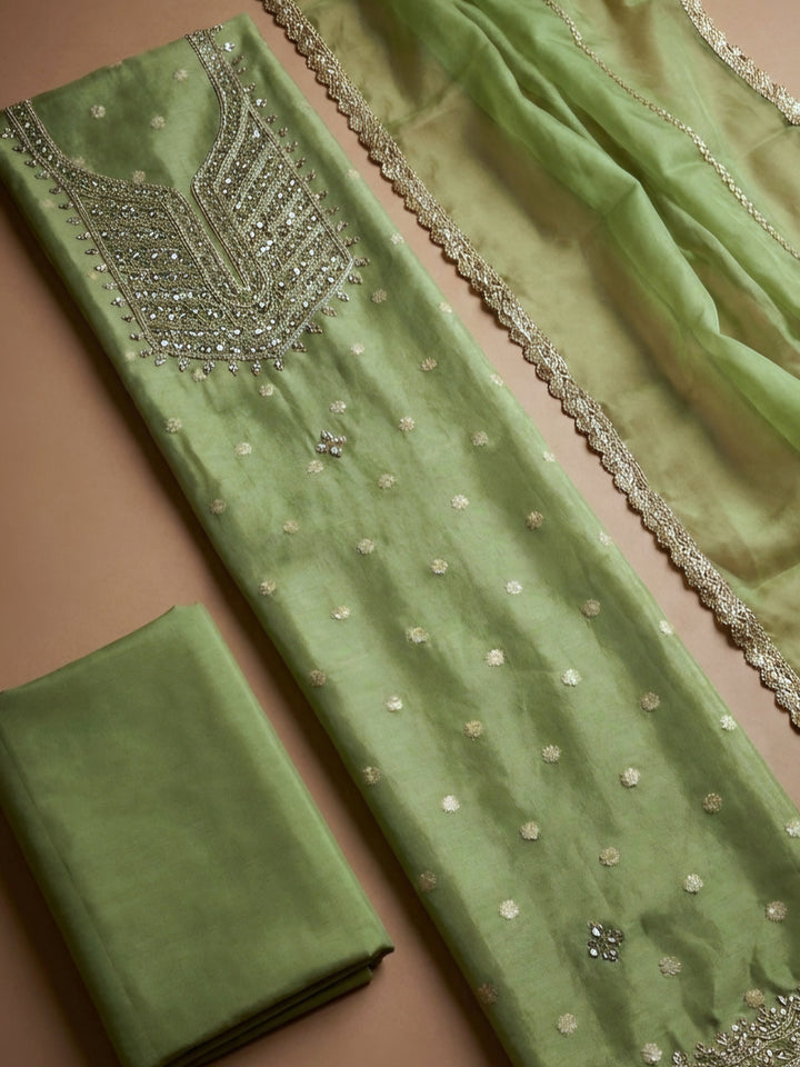 Pista Green  Chanderi Unstitched Dress Material