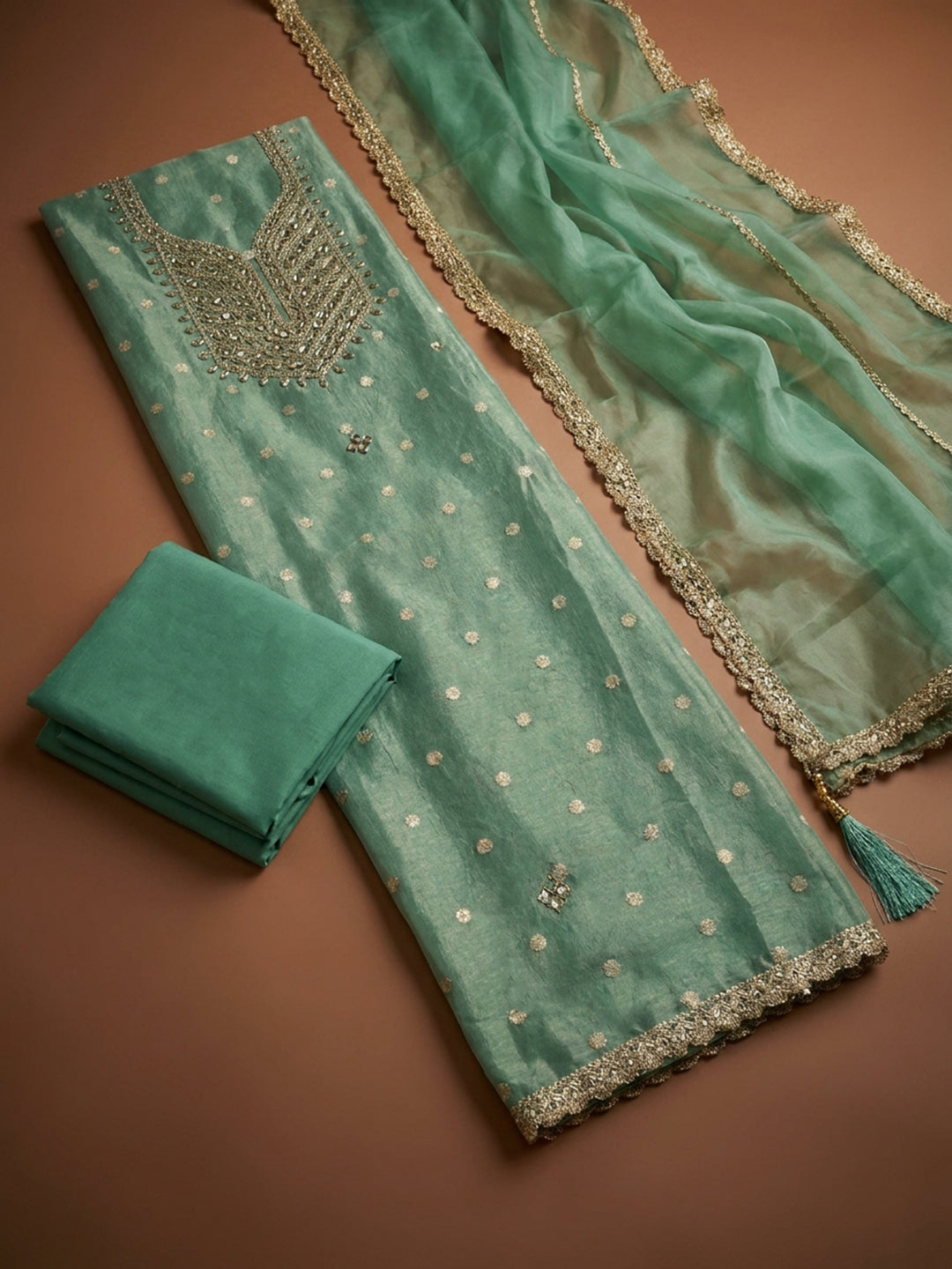 Sea Green  Chanderi Unstitched Dress Material