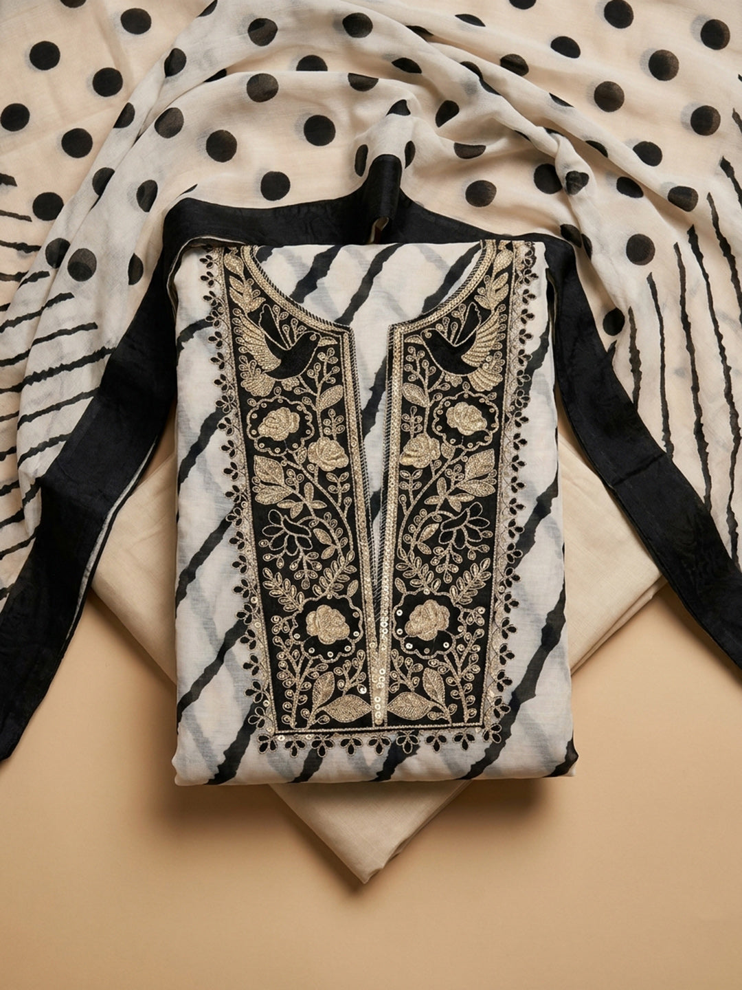 Black  Chanderi Unstitched Dress Material