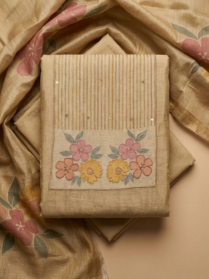 Beige  Chanderi Unstitched Dress Material