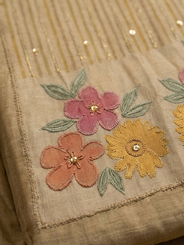 Beige  Chanderi Unstitched Dress Material
