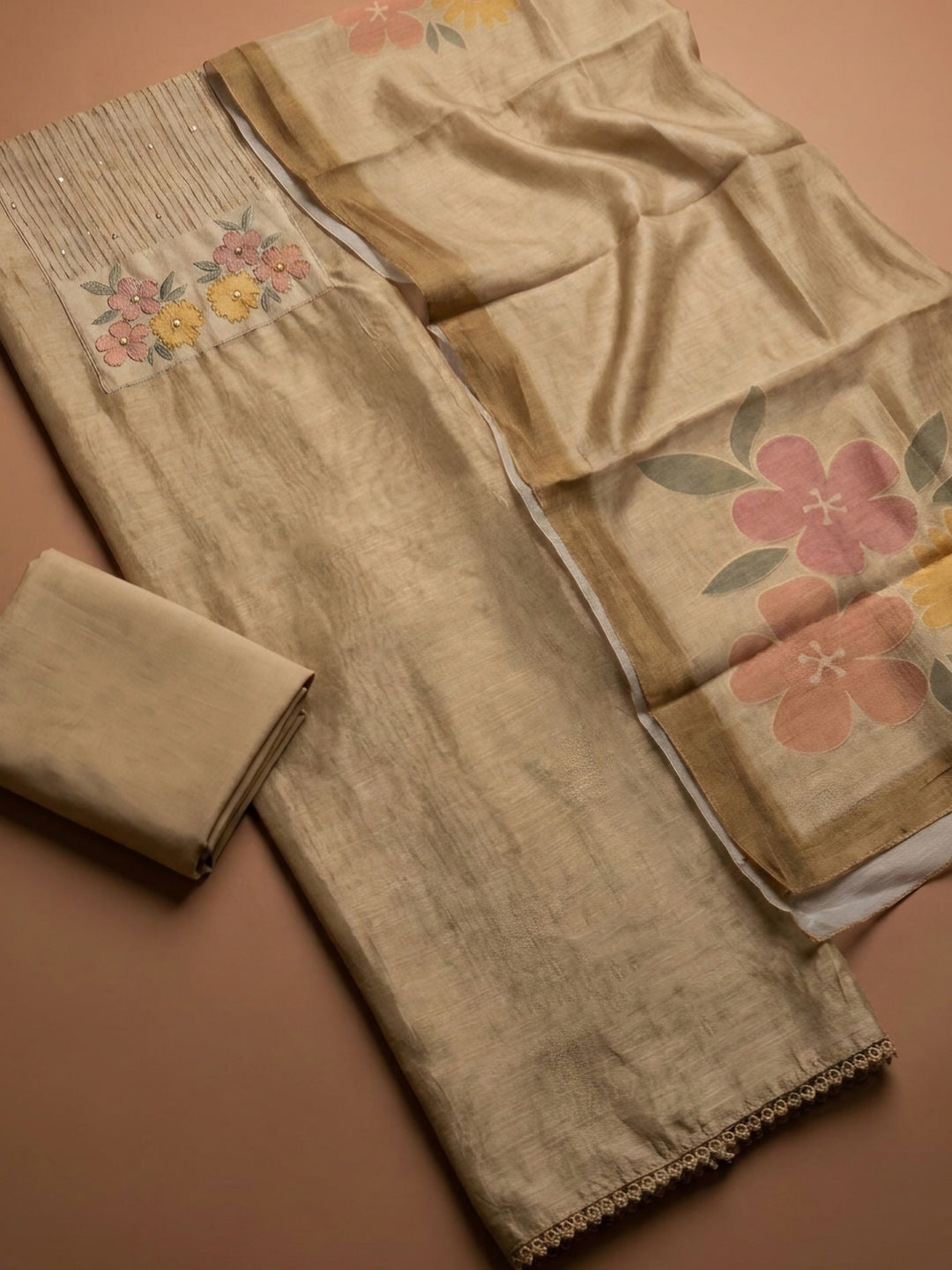 Beige  Chanderi Unstitched Dress Material