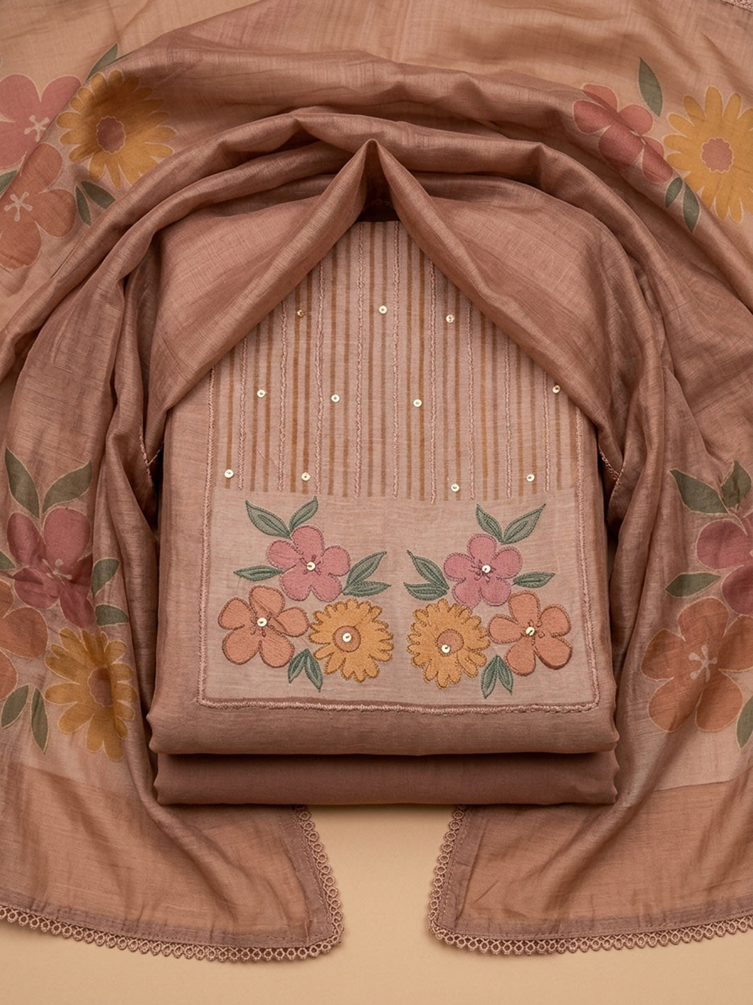 Peach  Chanderi Unstitched Dress Material