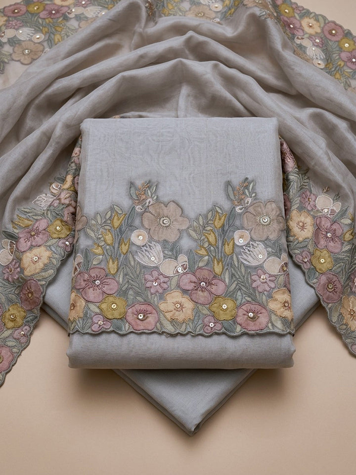Grey  Chanderi Unstitched Dress Material
