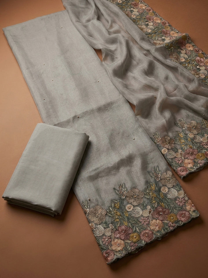 Grey  Chanderi Unstitched Dress Material
