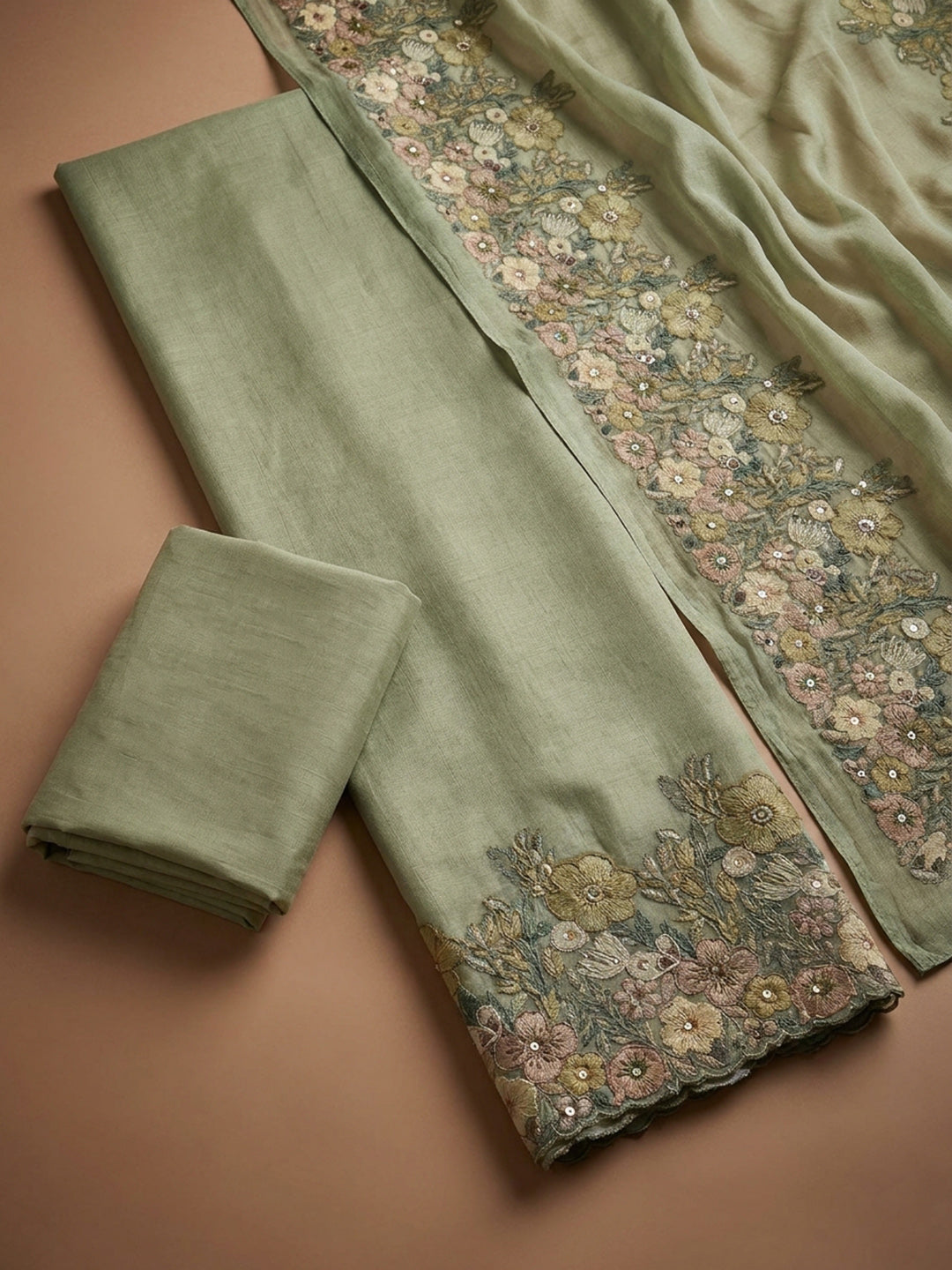 Pista Green  Chanderi Unstitched Dress Material