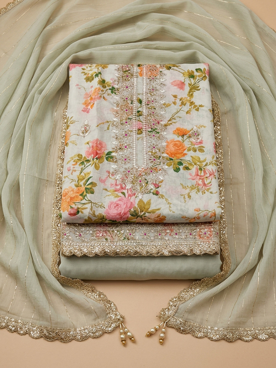 Cream  Chanderi Unstitched Dress Material