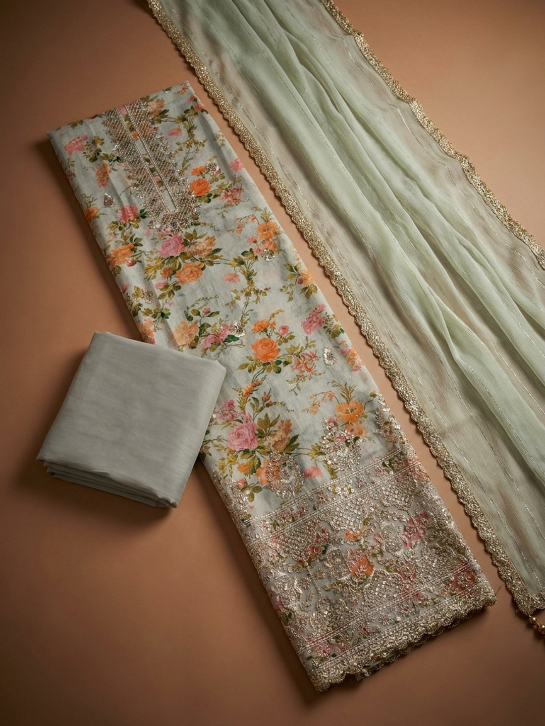 Cream  Chanderi Unstitched Dress Material