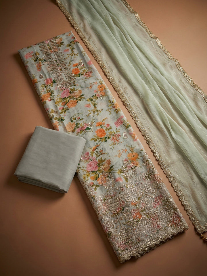 Cream  Chanderi Unstitched Dress Material