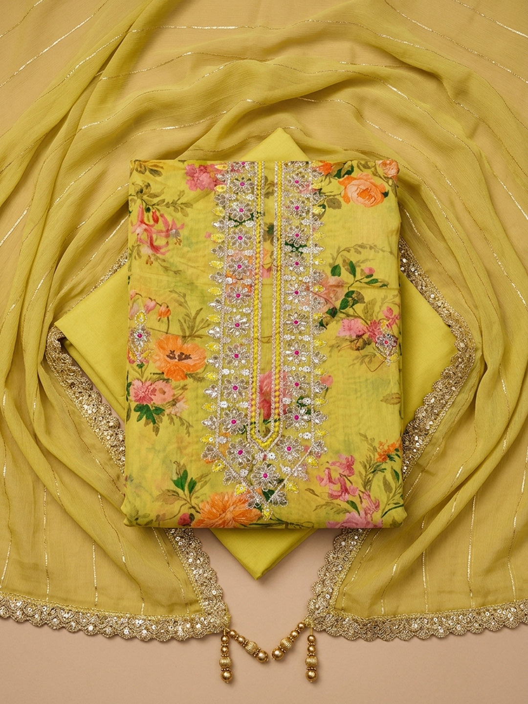 Yellow  Chanderi Unstitched Dress Material