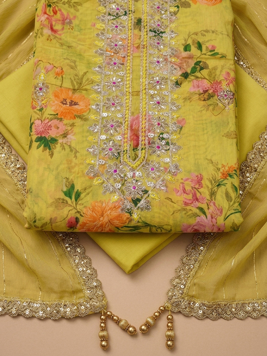 Yellow  Chanderi Unstitched Dress Material
