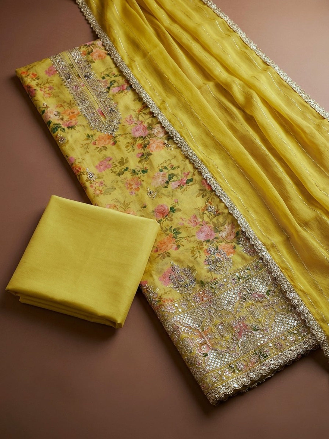 Yellow  Chanderi Unstitched Dress Material