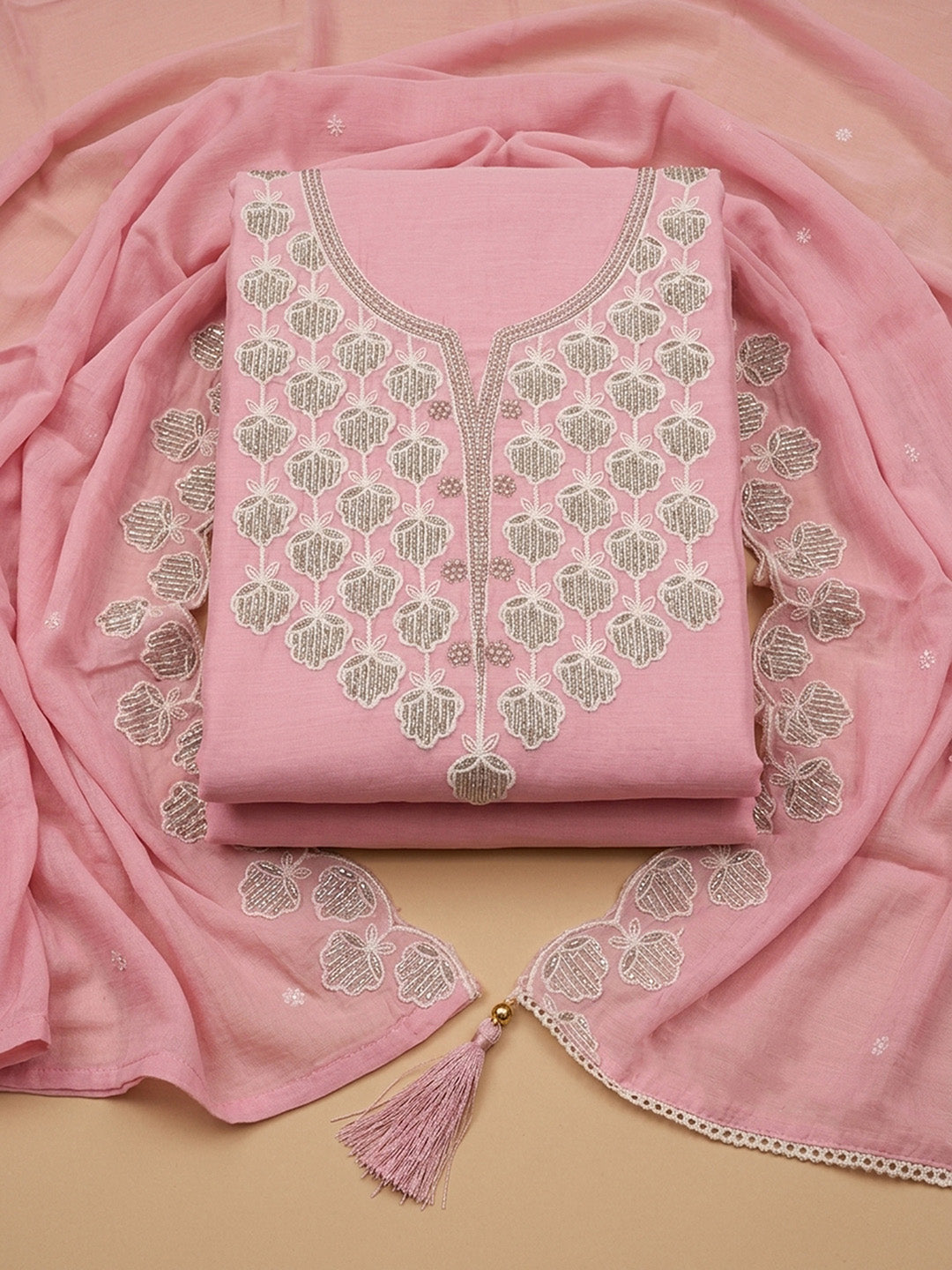 Peach  Chanderi Unstitched Dress Material