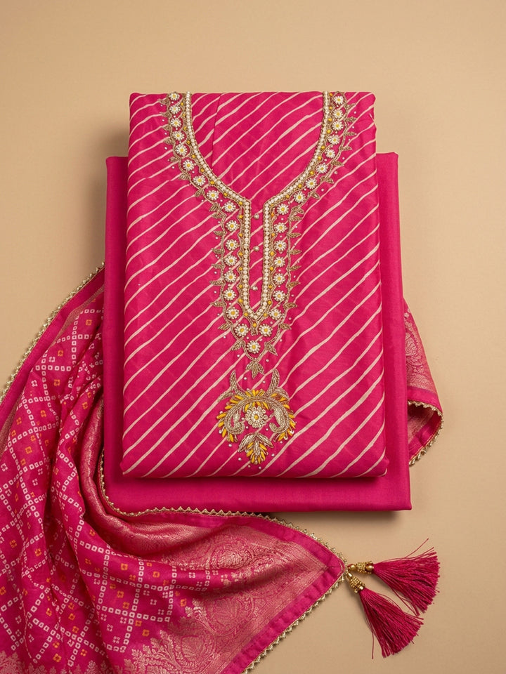 Hot Pink  Chanderi Unstitched Dress Material