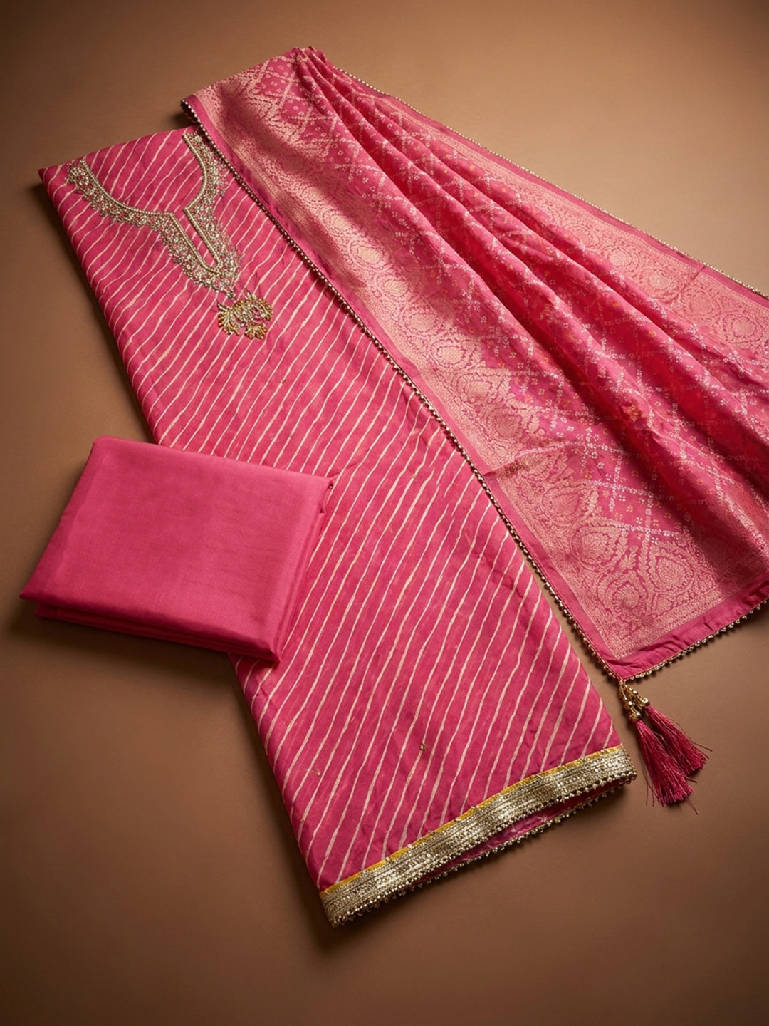 Hot Pink  Chanderi Unstitched Dress Material