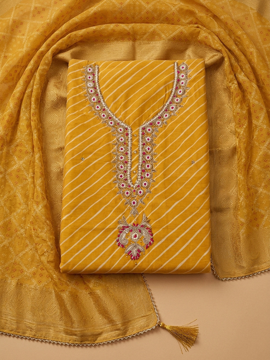 Mustard  Chanderi Unstitched Dress Material