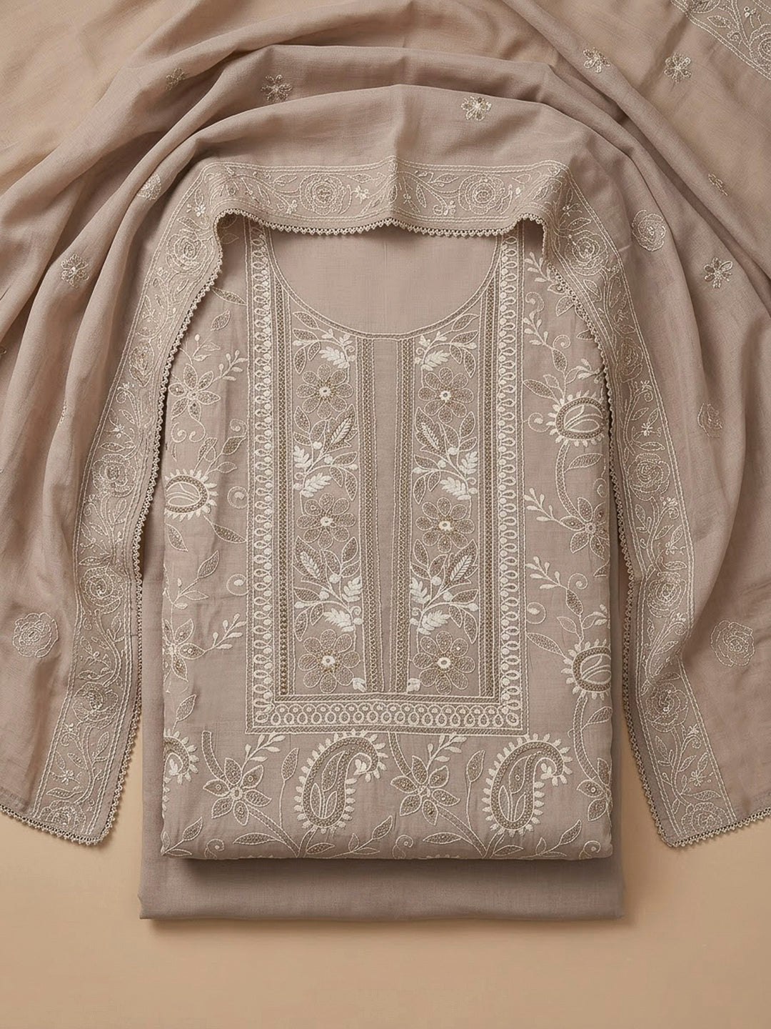 Beige Chanderi Embroidered Unstitched Dress Material
