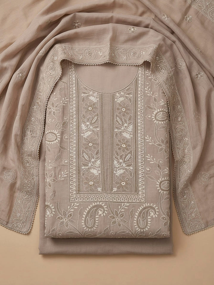 Beige Chanderi Embroidered Unstitched Dress Material