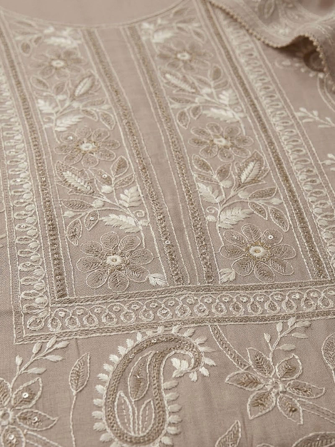 Beige Chanderi Embroidered Unstitched Dress Material