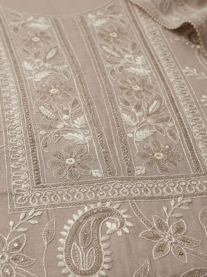 Beige Chanderi Embroidered Unstitched Dress Material