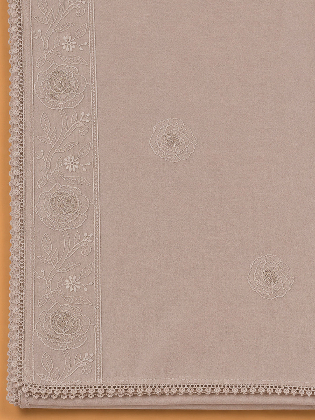 Beige Chanderi Embroidered Unstitched Dress Material