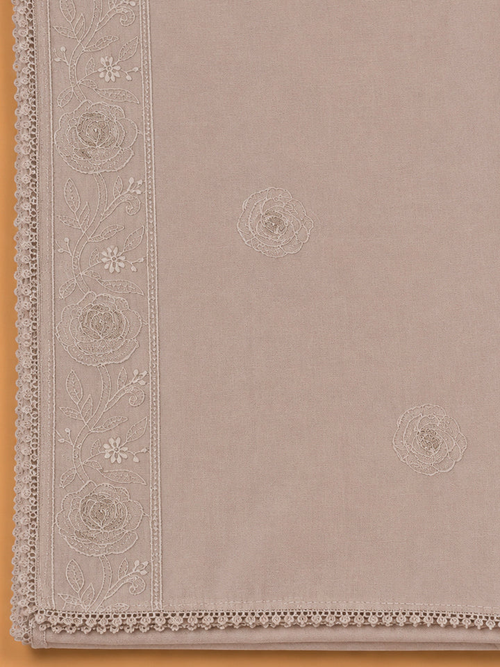 Beige Chanderi Embroidered Unstitched Dress Material